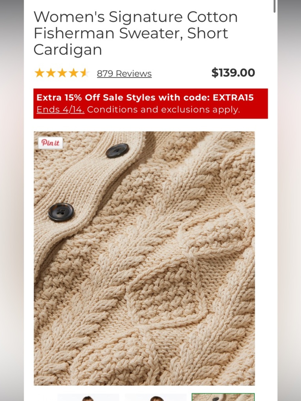 Women's Signature Cotton Fisherman Sweater, Short Cardigan, Cream - Picture 4 of 13